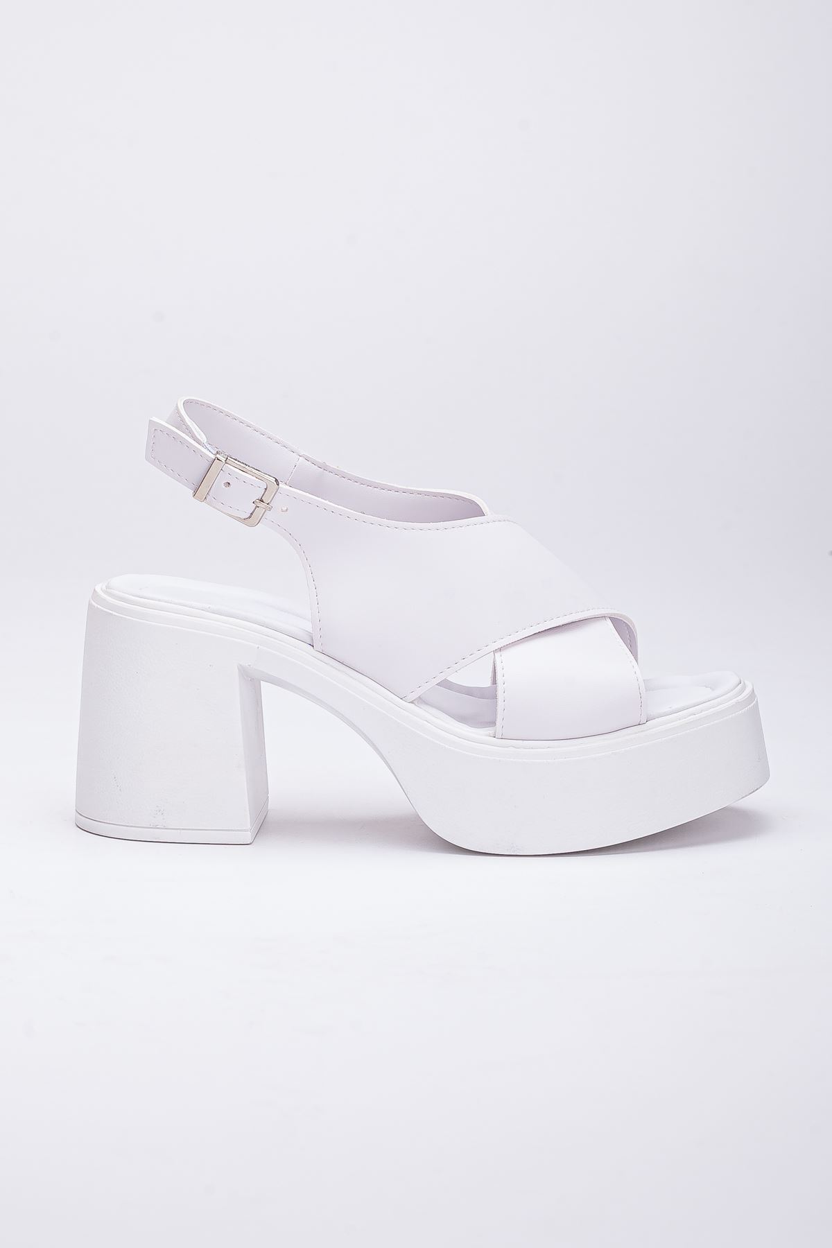 Kadın Topuklu Platform Sandalet Beyaz Cilt
