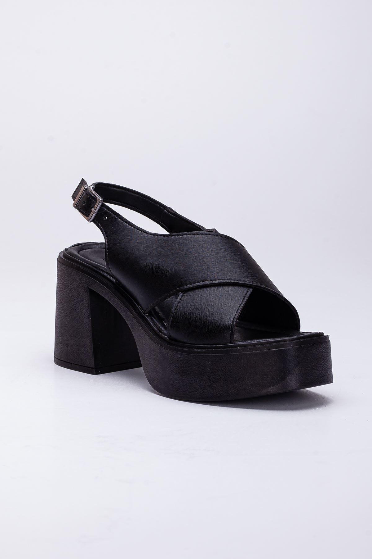 Kadın Topuklu Platform Sandalet Siyah Cilt